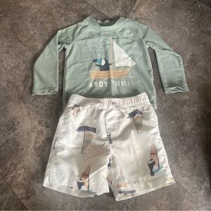 Carter's Toddler/Baby Boy 24 month Swim Trunks & Rash Guard Cream and Green Boat